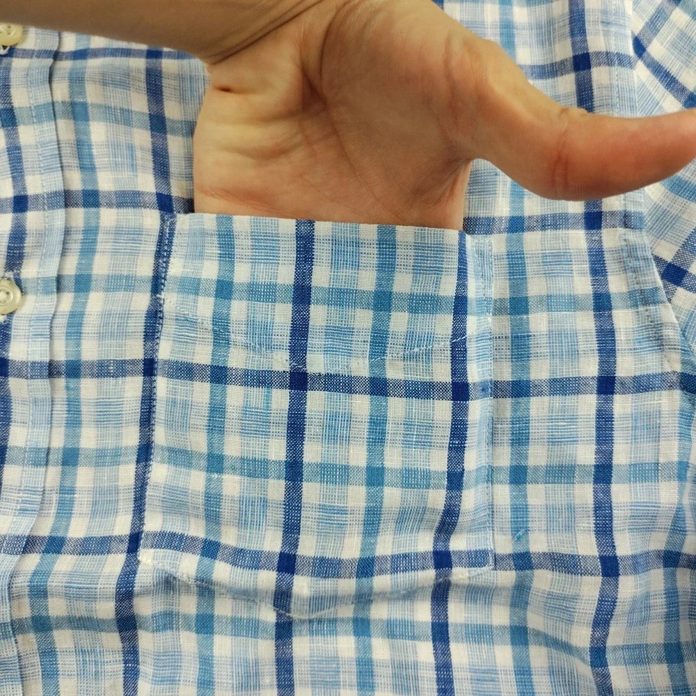 Banana Republic Linen Shirt Mens Blue White Plaid Camden Standard Fit Large